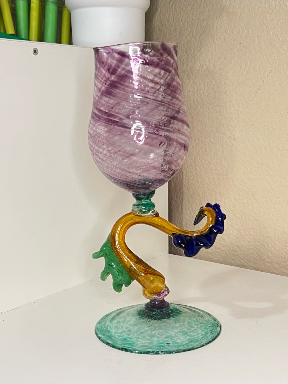 Vintage Hand Blown Art Glass Goblet Figural Stem Murano Style Swirl Chalice
